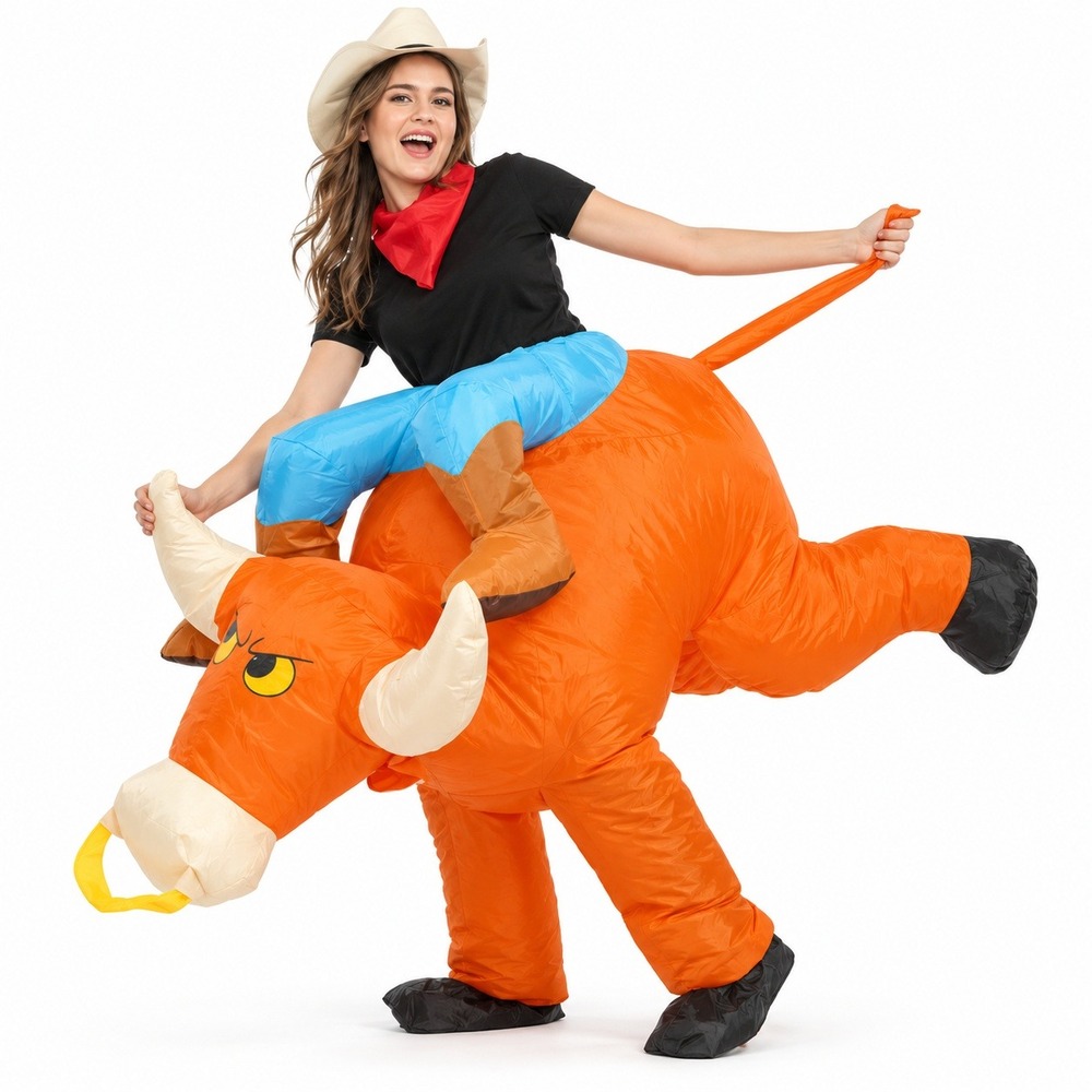 Funny Costumes Inflatable Bull Riding Costume Rodeo Rider Adult Orange Blow Up